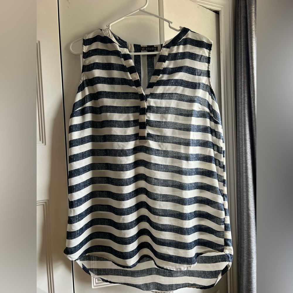 Blue and White Striped Sleeveless Blouse